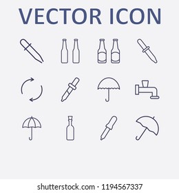Outline 12 drop icon set. pipette, champagne bottle, beer bottle, refresh, umbrella and water crane vector illustration
