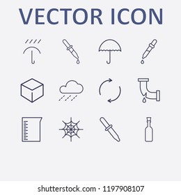 Outline 12 drop icon set. broken pipe, spider web, pipette, raining, champagne bottle and refresh vector illustration