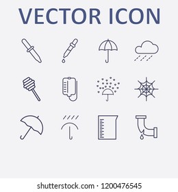 Outline 12 drop icon set. broken pipe, raining, honey dipper, beaker, umbrella and spider web vector illustration