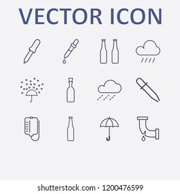 Outline 12 drop icon set. love rain, blood bag, beer bottle, umbrella, raining and broken pipe vector illustration