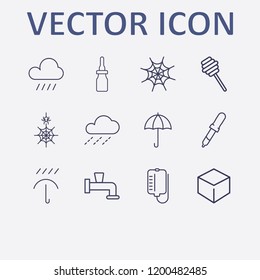 Outline 12 drop icon set. water crane, raining, spider web, cube, umbrella and honey dipper vector illustration