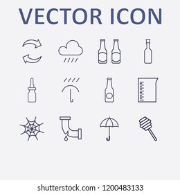Outline 12 drop icon set. refresh, broken pipe, pipette bottle, beaker, honey dipper and beer bottle vector illustration