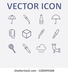Outline 12 drop icon set. honey dipper, raining, cube, beer bottle, umbrella and broken pipe vector illustration