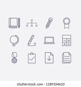 Outline 12 education icon set. calculator, pencil, laptop, download document, globe, organization, book and pencil, copy document, clipboard check and award medal vector illustration
