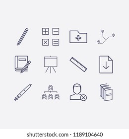 Outline 12 education icon set. download document, close user, calculator, add folder, ruler, organization, book and pencil, pen, pencil, distance, book and board vector illustration