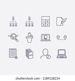 Outline 12 education icon set. online book reading, speaker human, analytics search, distance map, calculator, organization, user clock, book, document feather pen and add document vector illustrati