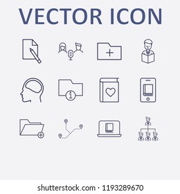 Outline 12 education icon set. add folder, online book reading, information folder, document edit, audio conference and distance vector illustration
