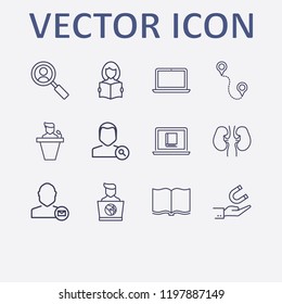 Outline 12 education icon set. hand with magnet, speaker human, distance, search user, online book reading and freelancing vector illustration