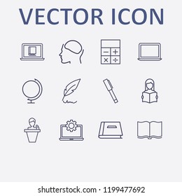 Outline 12 education icon set. laptop, calculator, feather pen, pen, head in brain and globe vector illustration