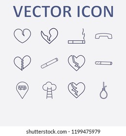 Outline 12 end icon set. suicide rope, hang up, bus location, cigarette, cloud with ladder and broken heart vector illustration