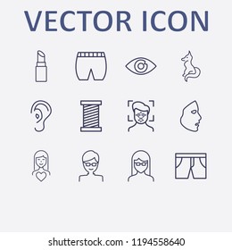 Outline 12 face icon set. eyebrow, facial recognition, fox, lipstick, glasses man and glasses girl vector illustration