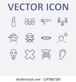 Outline 12 face icon set. girl head in hat, facial recognition, close, lips, businessman group and halloween vampire vector illustration