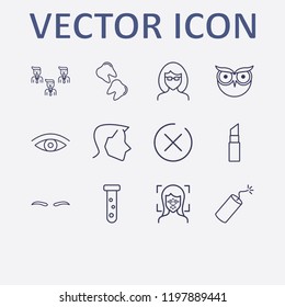 Outline 12 face icon set. businessman group, tube, facial recognition, glasses girl, eye and tooth vector illustration