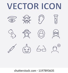 Outline 12 face icon set. injection, glasses girl, add user, halloween vampire, ear and tube vector illustration