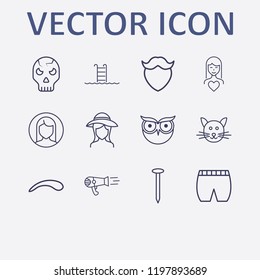 Outline 12 face icon set. eyebrow, shorts, nail, girl head in hat, cat and halloween skeleton vector illustration