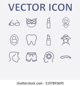 Outline 12 face icon set. head, lipstick, short, face lock, eyebrow and owl vector illustration