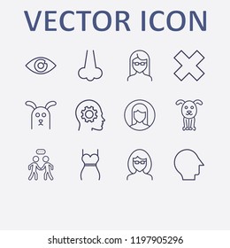Outline 12 face icon set. nose, head with gear, head, dialog human, woman dress and close vector illustration