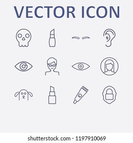 Outline 12 face icon set. eyebrow, ear, toothpaste tube, woman user, glasses man and lipstick vector illustration