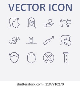 Outline 12 face icon set. dynamite, hygiene face mask, hand with shield, glasses girl, human face and cat vector illustration
