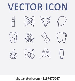 Outline 12 face icon set. halloween vampire, halloween pumpkin, tooth, hygiene face mask, lipstick and broken tooth vector illustration