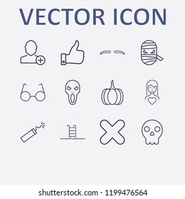 Outline 12 face icon set. halloween skeleton, eyebrow, pumpkin, pool, dynamite and halloween ghost vector illustration