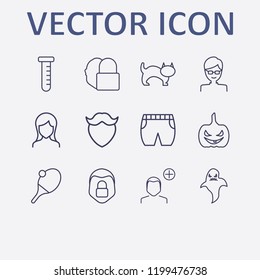 Outline 12 face icon set. beard, woman, halloween pumpkin, cat, add user and face lock vector illustration
