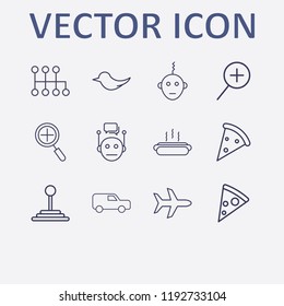 Outline 12 fast icon set. hot dog, bot, speed shifter, bird, airplane and zoom vector illustration