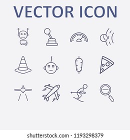 Outline 12 fast icon set. road traffic, airplane, road time, pizza, airplane landing and bot vector illustration