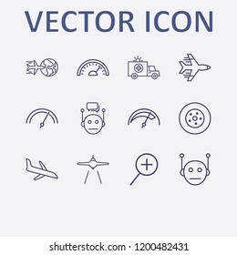 Outline 12 fast icon set. chat bot, speedometer, plane landing, zoom, airplane landing and airplane vector illustration