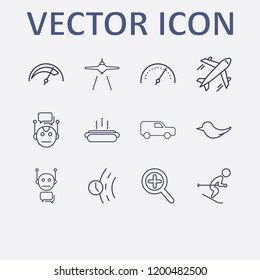 Outline 12 fast icon set. road time, airplane, skiing, zoom, hot dog and bird vector illustration