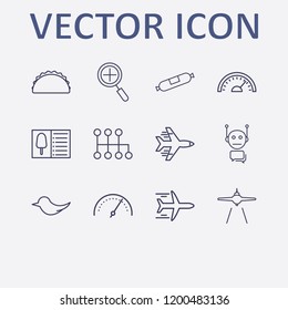 Outline 12 fast icon set. bird, speedometer, airplane landing, food menu, airplane and sausage vector illustration