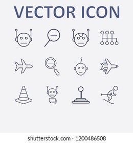 Outline 12 fast icon set. bot, road traffic, speed shifter, skiing, zoom out and airplane vector illustration