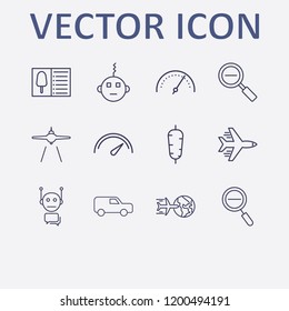 Outline 12 fast icon set. airplane, doner food, speedometer, airplane landing, food menu and bot vector illustration