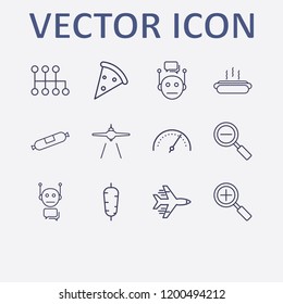 Outline 12 fast icon set. zoom out, sausage, speedometer, doner food, airplane landing and bot vector illustration