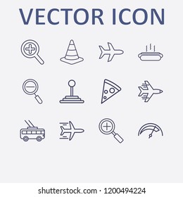 Outline 12 fast icon set. zoom out, pizza, speed shifter, zoom, trolleybus and hot dog vector illustration