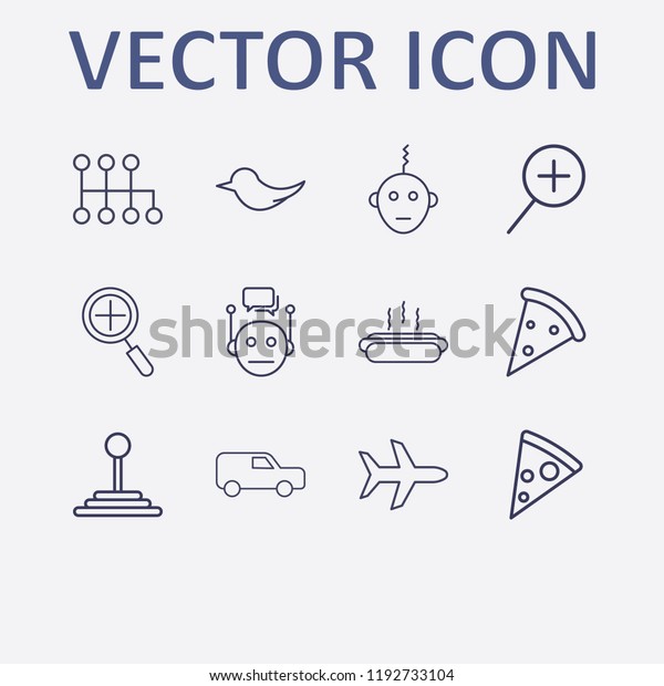 Outline 12 fast icon set. hot\
dog, bot, speed shifter, bird, airplane and zoom vector\
illustration