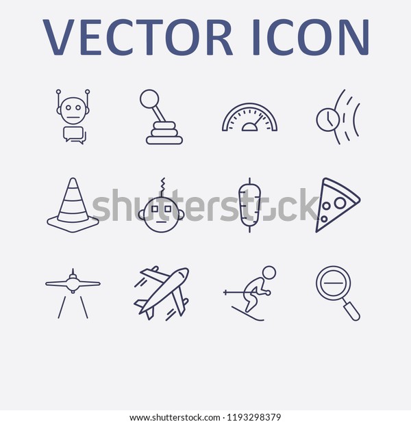 Outline 12\
fast icon set. road traffic, airplane, road time, pizza, airplane\
landing and bot vector\
illustration