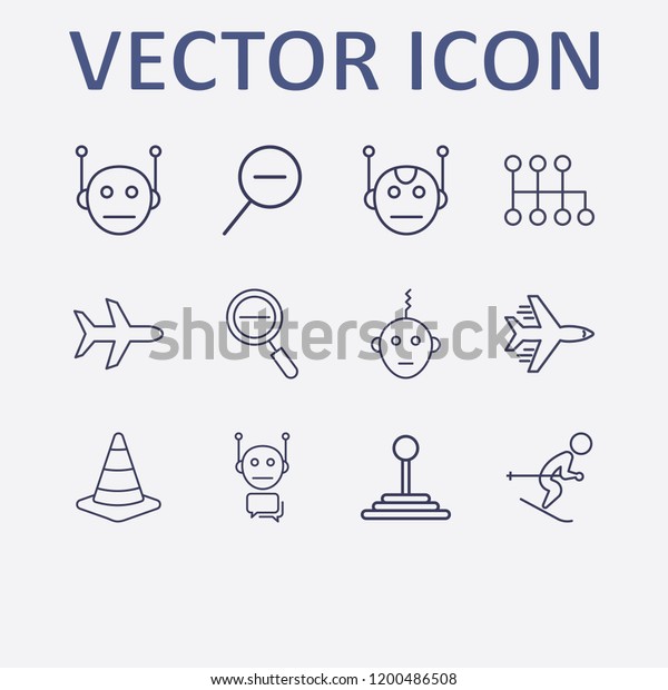 Outline 12 fast icon\
set. bot, road traffic, speed shifter, skiing, zoom out and\
airplane vector\
illustration