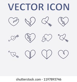 Outline 12 feeling icon set. heart with hand, arrow in heart, broken heart and heart in arrow vector illustration