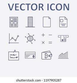 Outline 12 finance icon set. ethereum card, cash withdrawal, network bitcoin, building, calculator and newspaper vector illustration