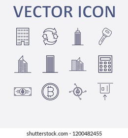 Outline 12 finance icon set. ethereum money, ethereum network, bitcoin, card withdrawal, key and calculator vector illustration