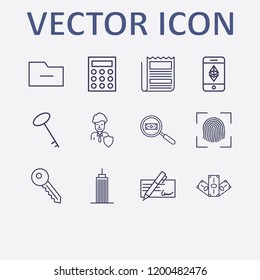 Outline 12 Finance Icon Set. Businessman Shield, Cheque, Building, Remove Folder, Money And Finger Scanner Vector Illustration