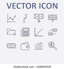 Outline 12 finance icon set. ethereum search, analytics, analytics chart, chart, wallet and money vector illustration