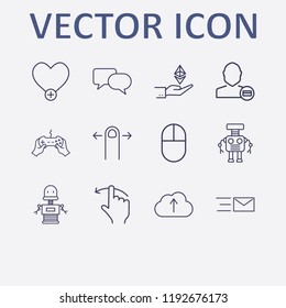 Outline 12 finger icon set. ethereum with hand, cloud upload, user payment, joystick with hand, add heart and click vector illustration