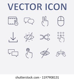 Outline 12 finger icon set. two fingers, shuffling, joystick with hand, pressing number, chat and finger click vector illustration