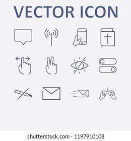 Outline 12 finger icon set. hand with phone, message, forbidden look, bible, no smoking and joystick with hand vector illustration