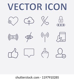 Outline 12 finger icon set. media player, thumb up, cloud upload, remove user, forbidden handset and chat vector illustration