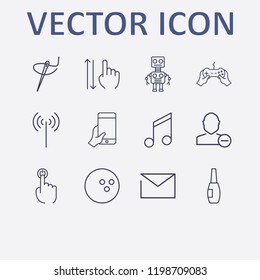 Outline 12 finger icon set. robot, nail brush, wifi signal, hand with phone, melody and needle thread vector illustration