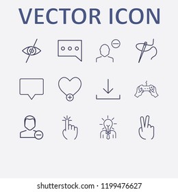 Outline 12 finger icon set. chat, joystick with hand, remove user, add heart, click and needle thread vector illustration