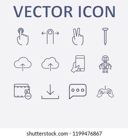 Outline 12 finger icon set. finger swipe, finger click, nail, hand with phone, robot and download vector illustration